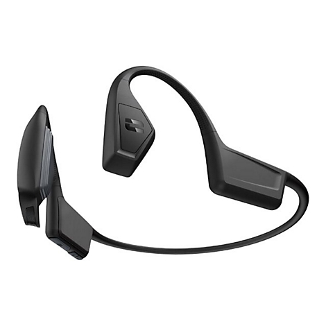 Schwarzer Knochenschall-Kopfhörer mit ergonomischem Nackenbügel vor weißem Hintergrund.