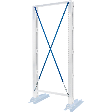 Scaffolding frame with blue diagonal struts. The struts cross in the middle, attached to the frame ends.