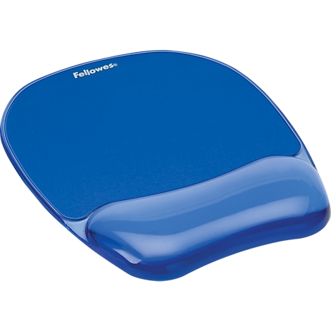 Blue ergonomic mousepad with wrist rest, Fellowes brand name.