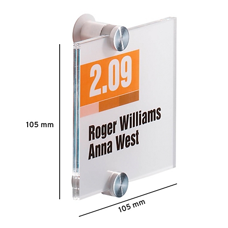 Clear door sign reading "2.09, Roger Williams, Anna West".