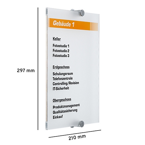 Transparent office sign with floor and room layout. Inscription: Building 1, floor designations and room names.