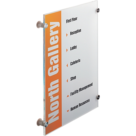 Transparent office sign with white text and orange accent strip. Listed are multiple rooms, like reception.