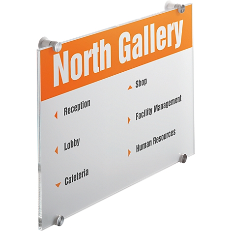 Transparent sign with "North Gallery" and arrows pointing to different departments.