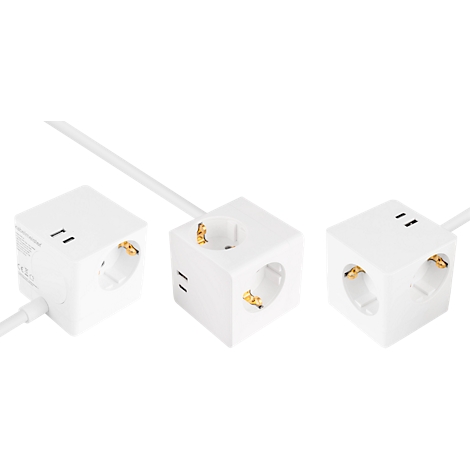 Trois prises de courant cubiques blanches avec prises et ports USB. Un câble relie les cubes.