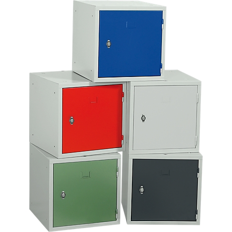 Several small cabinets in different colors, stacked.