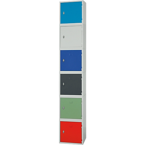 A tall cabinet with six doors of different colors. Blue at the top, then white, blue, gray, green, and red.