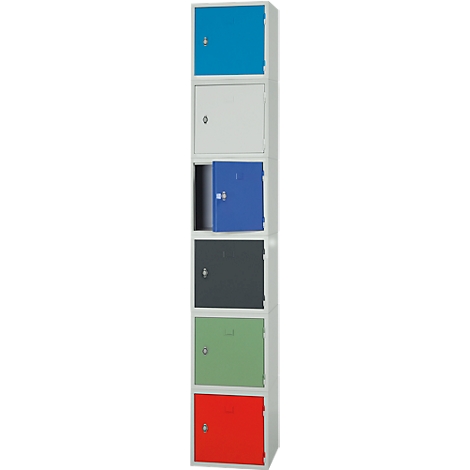 Tall cabinet with six colored doors: Blue, white, blue, black, green, red.