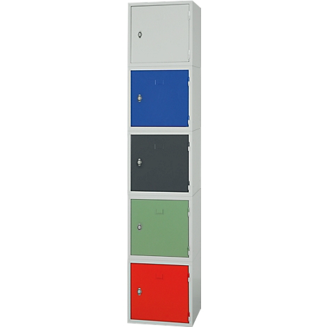 Cabinet with five doors in different colors: white, blue, gray, green and red.