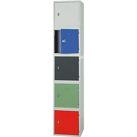 A tall cabinet with six colored doors: white, blue, grey, green, and red.