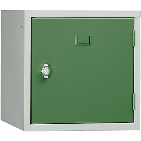 A green cabinet with a white frame. The cabinet has a silver twist lock and the door has a rectangular design.