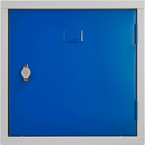 Blue door with silver lock and gray frame.