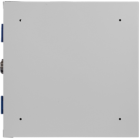 Top view of a light grey metal case with blue elements and four holes in the corners. It has a handle and a lock.