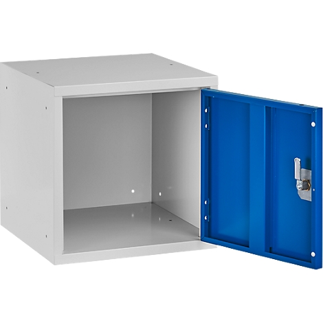 Open white cabinet with blue door. Interior gray, with lock.