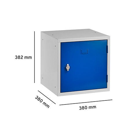 Metal locker, white with a blue door, including measurements.
