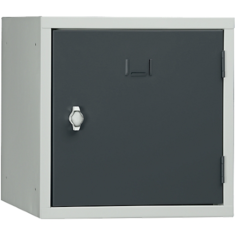 Grey and white locker with silver handle and a square closure.