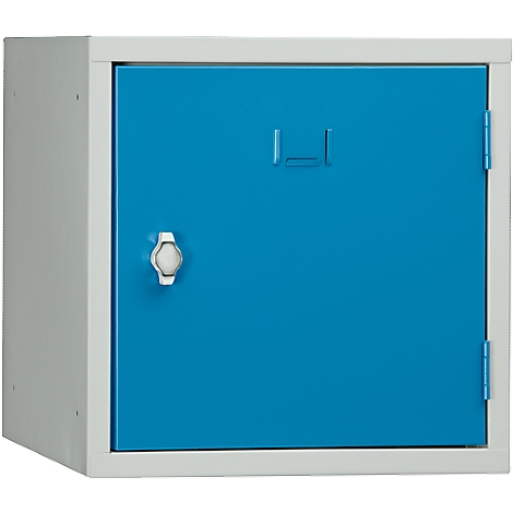 Blue locker with white frame, a handle, and a rectangular element.