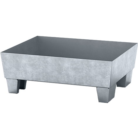 Una jardinera rectangular gris sobre patas pequeñas.