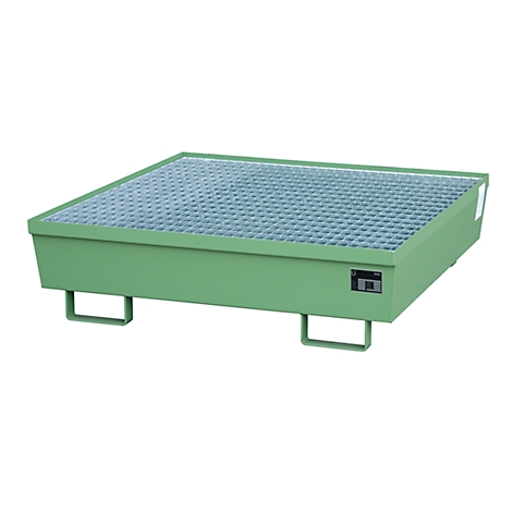Contenedor de contención de derrames verde con rejilla. Forma rectangular, se apoya sobre patas. Hay un pequeño panel de control en el lateral.