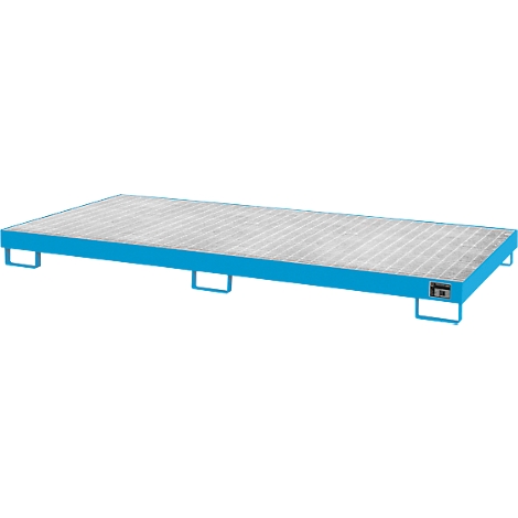 Una paleta metálica azul con una superficie de rejilla gris. Se apoya sobre patas cortas.