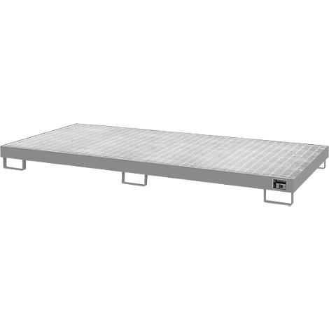 Plataforma metálica rectangular gris con una superficie de rejilla abierta. Se apoya sobre cuatro pies cortos y angulares.