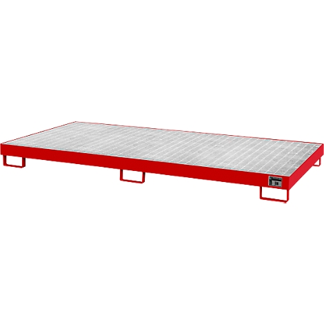 Paleta roja, rejilla metálica, forma rectangular, patas bajas.