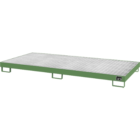 Paleta de metal verde con un patrón de rejilla. La paleta se apoya sobre cuatro patas.