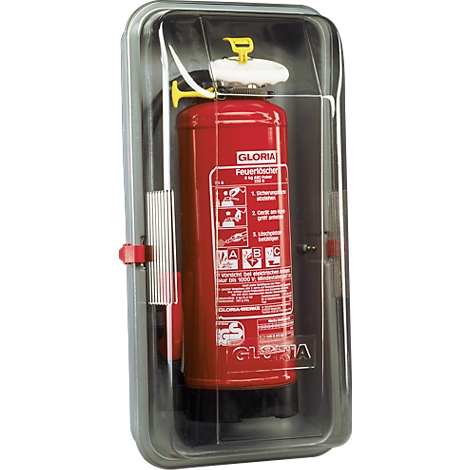 Extintor de incendios rojo en una caja protectora transparente. Las instrucciones y el logotipo "Gloria" son visibles en el extintor.