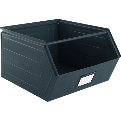 Caja de metal azul oscuro con diseño abierto, vacía con asa y etiqueta blanca. Letras en relieve.
