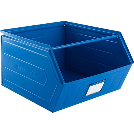 Caja de metal azul con asa, vacía. "GUNHAM BISHOP" está escrito en el lateral. Pegatina rectangular blanca en la parte delantera.