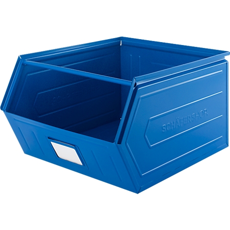Caja de almacenamiento azul, cuboide, metálica, con logotipo. Etiqueta blanca en la parte delantera, soporte metálico en la parte superior.