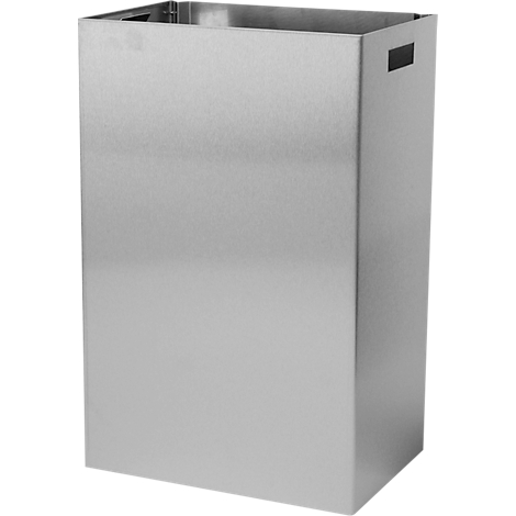 Un cubo de basura rectangular plateado, con aberturas en los lados y la parte superior.