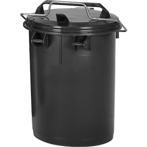 Cubo de basura negro con tapa y asa metálica.