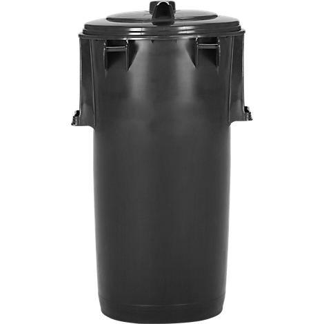 Contenedor de basura negro con tapa, sobre fondo blanco.