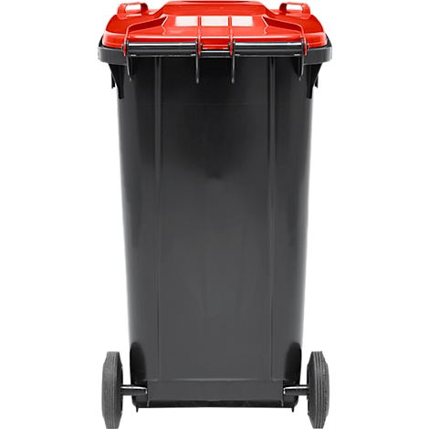 Contenedor de basura negro con tapa roja y dos ruedas.