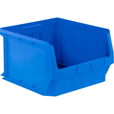 Caja de almacenamiento de plástico azul, parte superior abierta, lados inclinados.