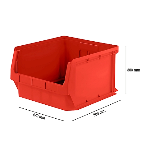 Contenedor de almacenamiento rojo. Se indican las dimensiones: 500 x 470 x 300 mm.