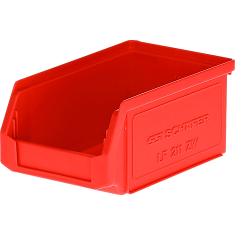 Caja de almacenamiento roja de plástico de SSI Schäfer, tipo LF 211 ZW, sobre un fondo neutro.