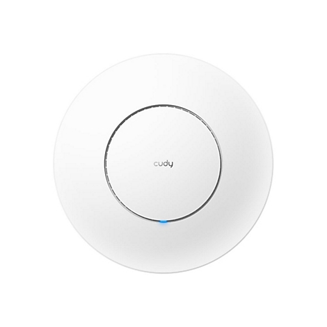Runder, weißer Cudy-WLAN-Access-Point mit zentralem Logo und einer kleinen, blau leuchtenden LED.