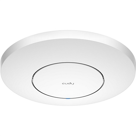 Runder, weißer Cudy-WLAN-Access-Point für die Deckenmontage mit mittigem Logo und blauer Statusleuchte.