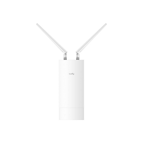 Weißer Cudy Outdoor-Access-Point mit zwei nach oben gerichteten Antennen vor neutralem Hintergrund.