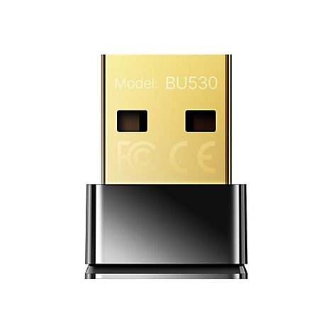 Goldener USB-Adapter mit der Aufschrift Model: BU530 und FC CE Kennzeichnung auf einem glatten schwarzen Sockel.