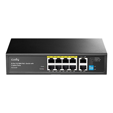 Schwarzer Cudy 8-Port PoE+ Switch mit 2 Uplink-Ports vor weißem Hintergrund.