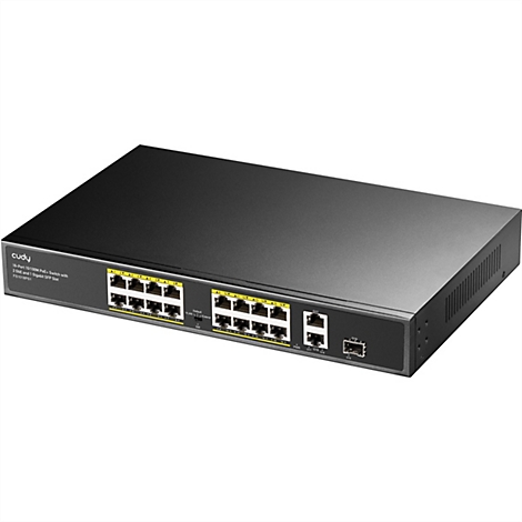 Schwarzer Cudy 16-Port PoE+ Switch vor weißem Hintergrund mit Ethernet- und SFP-Anschlüssen.
