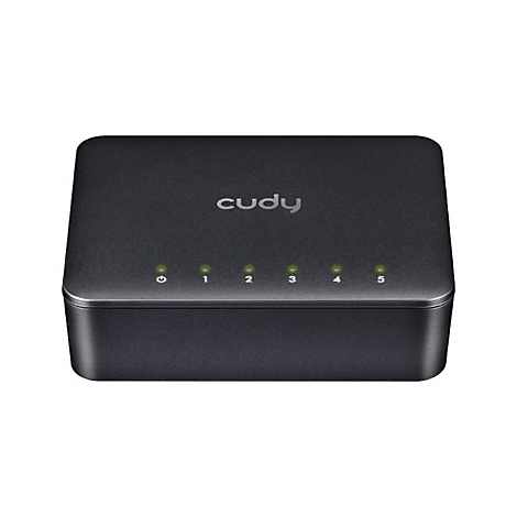 Schwarzer Cudy Netzwerk-Switch mit fünf leuchtend grünen Status-LEDs vor neutralem Hintergrund.