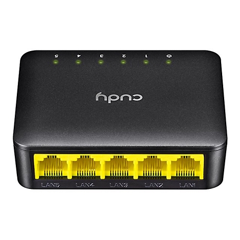 Schwarzer Cudy Netzwerk-Switch mit fünf gelben LAN-Ports an der Vorderseite und grünen LED-Statusanzeigen oben.