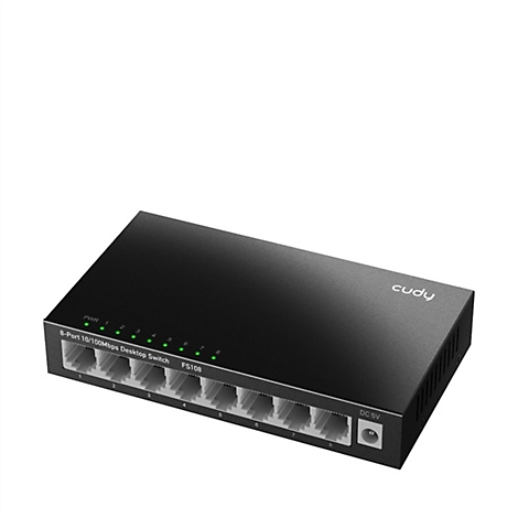 Schwarzer Cudy 8-Port Desktop-Netzwerk-Switch mit leuchtenden grünen LEDs auf weißem Hintergrund.