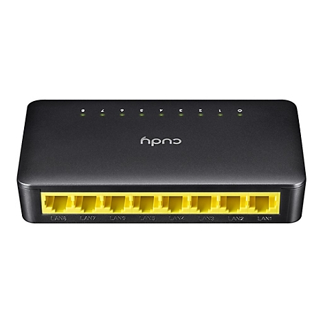 Schwarzer Cudy Netzwerk-Switch mit acht gelben LAN-Anschlüssen auf der Vorderseite vor weißem Hintergrund.