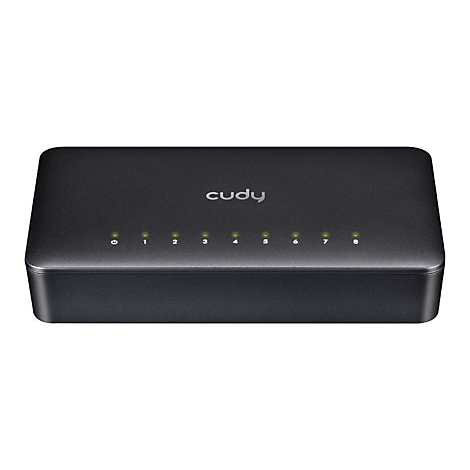 Schwarzer Cudy Netzwerk-Switch mit acht aktiven grünen Status-LEDs vor neutralem Hintergrund.