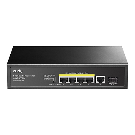 Schwarzer Cudy 5-Port Gigabit PoE+ Switch mit SFP-Anschluss auf neutralem Hintergrund.