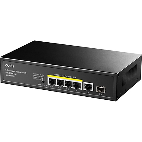 Schwarzer Cudy 5-Port Gigabit PoE++ Switch mit SFP-Slot auf weißem Hintergrund.
